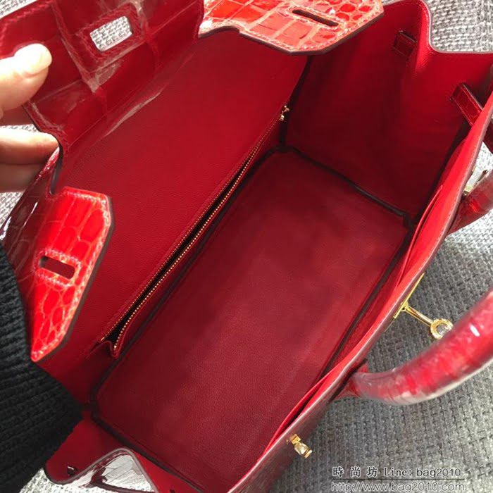 HERMES愛馬仕 鉑金包 Birkin 30cm 法拉利紅 金扣 進口鱷魚 老工匠 純手工縫製 時尚手提包  Ama1144